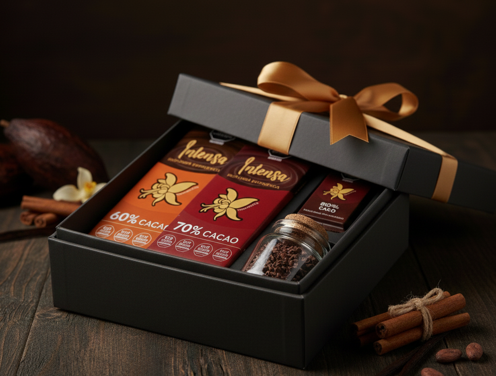 Gemini_Generated_Image_iujn7siujn7siujn Coffret dégustation chocolat noir Intensa – 60 %, 70 % et 80 % de cacao d’Amazonie