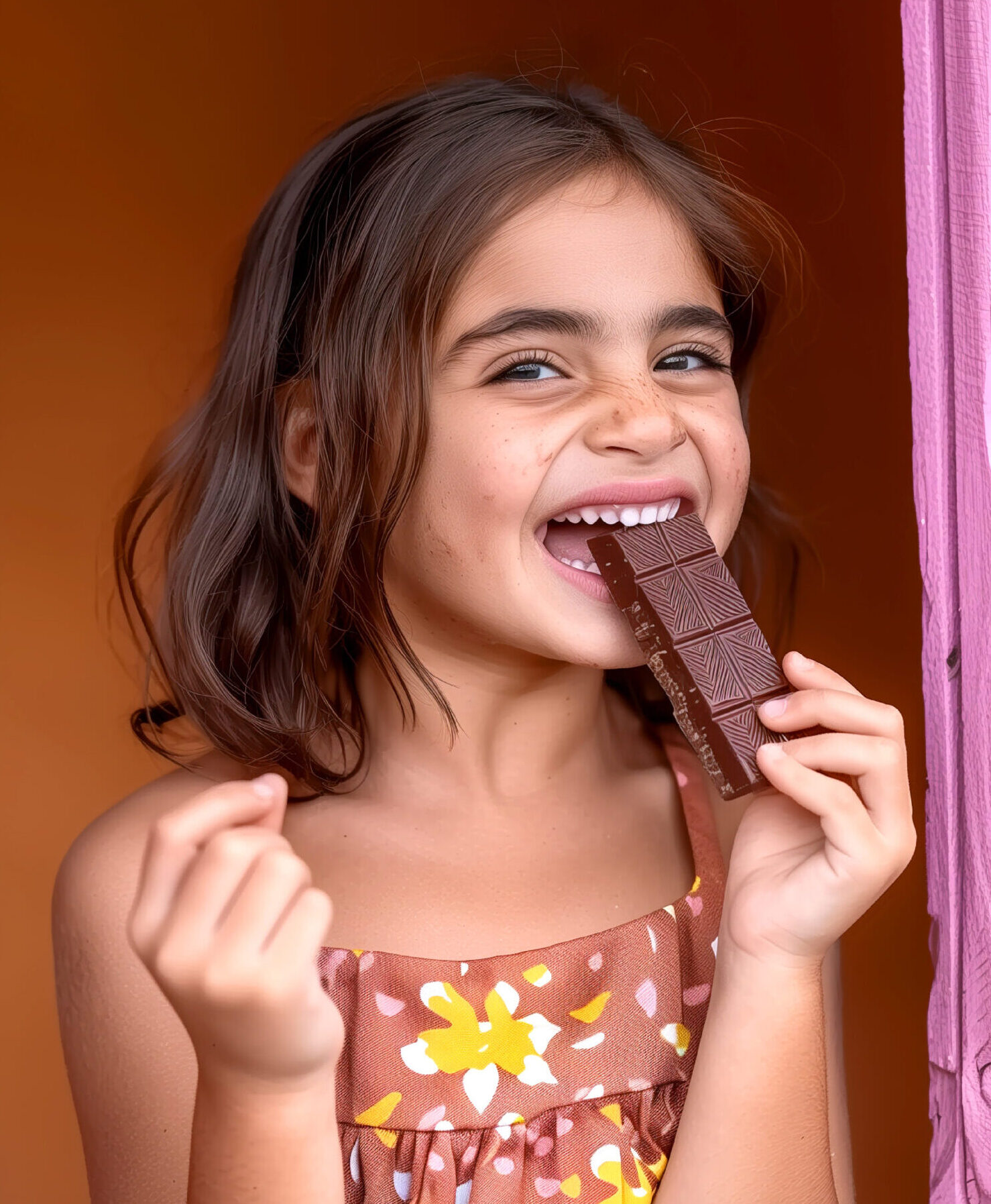 portrait happy child eating delicious chocolate